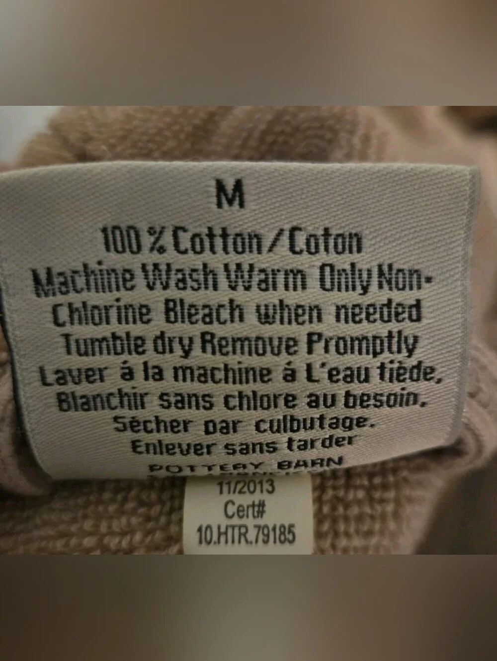 Pottery Barn Terry Robe tan Shawl Collar Unisex Size Medium 100% Cotton